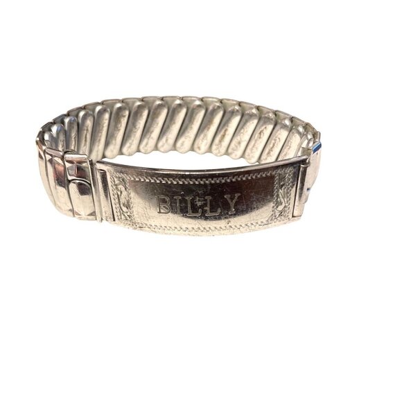Vintage Silver-Tone Stretch Bracelet Band With Engraved "Billy" Nameplate - Picture 10 of 10